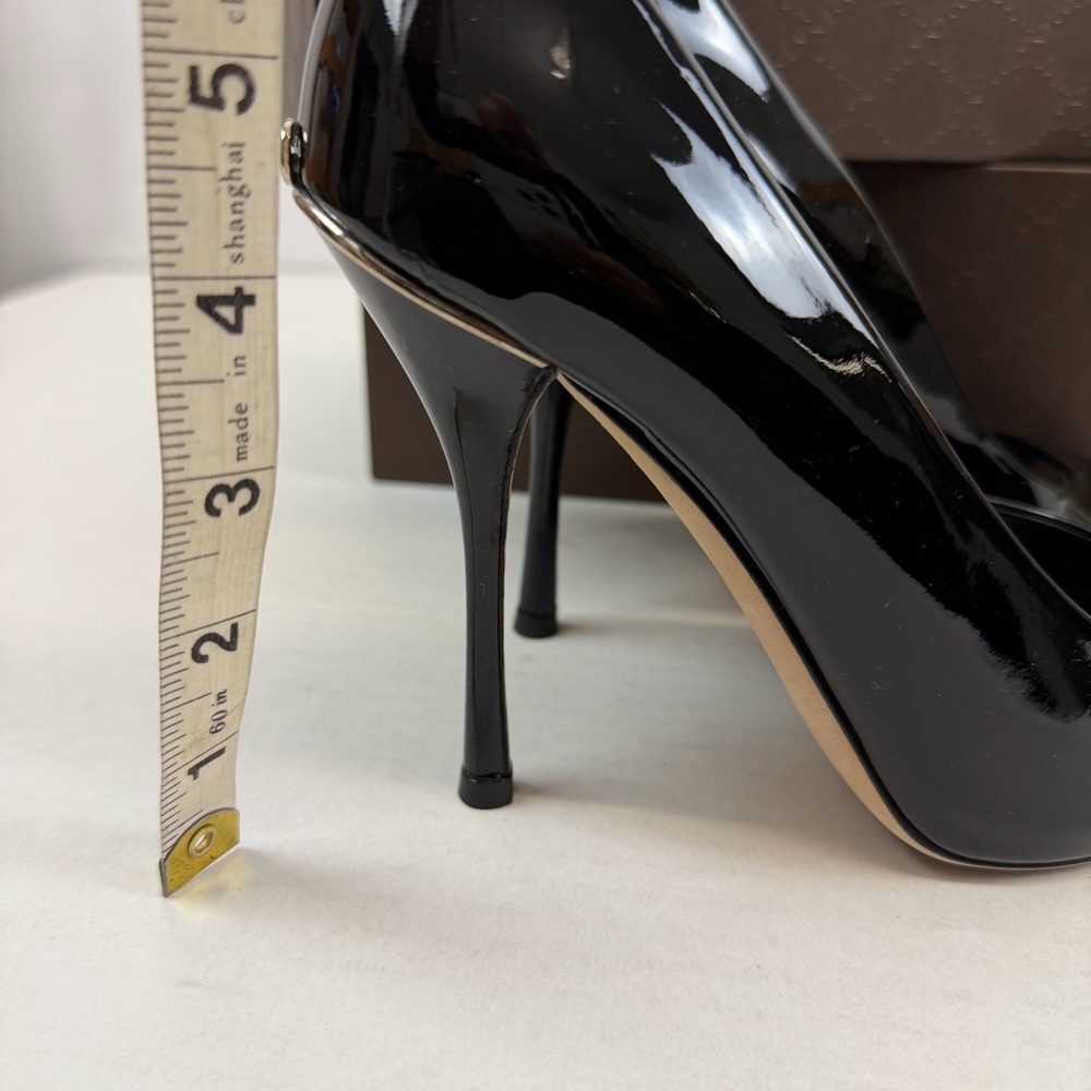 Gucci Black Patent Leather Peep Toe Pumps GG Heel‎ Detail Size 36 (US 6) - Picture 11 of 11